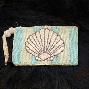 Beaded Shell Clutch - Aqua and Cream